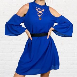Entro | Royal Blue Criss Cross V-Neck Of The Shoulder Flowy Peasant Dress
